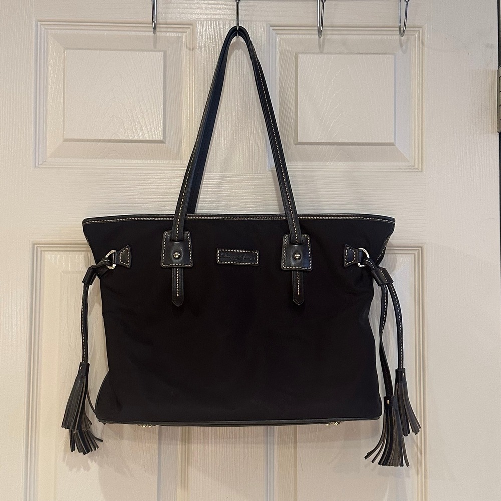 Dooney & Bourke Black Nylon Large Tote Bag Leather Trim Tassel Shoulder Bag